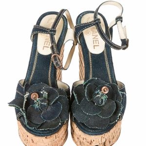 Chanel Camelia Denim Wedge Sandals